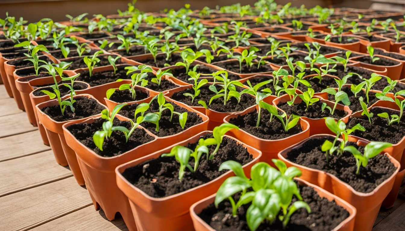 Generated illustration: seedlings in individual pots