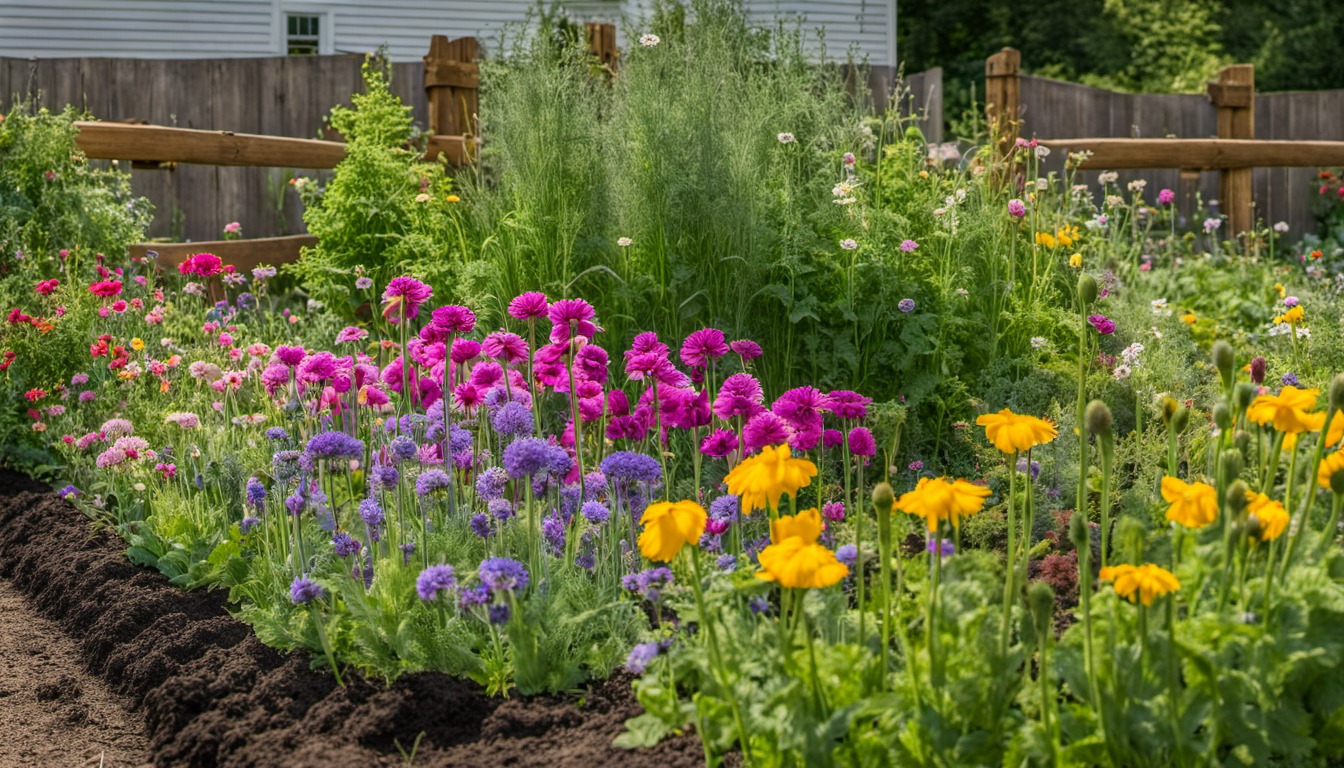 Generated illustration: garden flowers along the edge of a vegetable bed