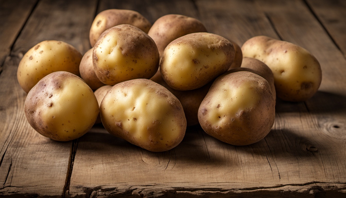 Generated illustration: freshly harvested potatoes on a wooden table