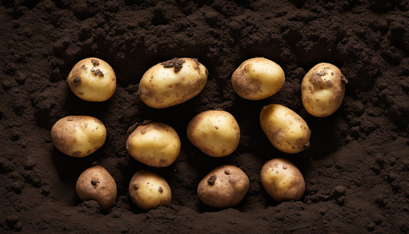 Generated illustration: freshly harvested potatoes on dark garden soil