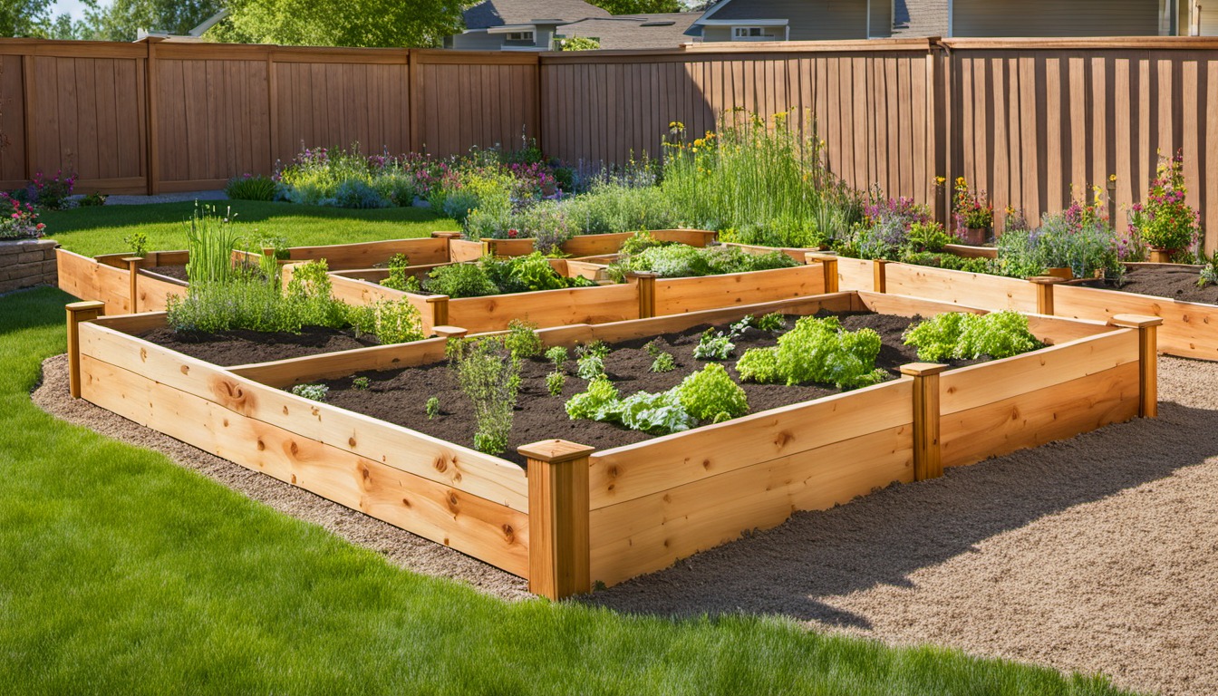 Generated illustration: cedar raised vegetable beds in a sunny backyard