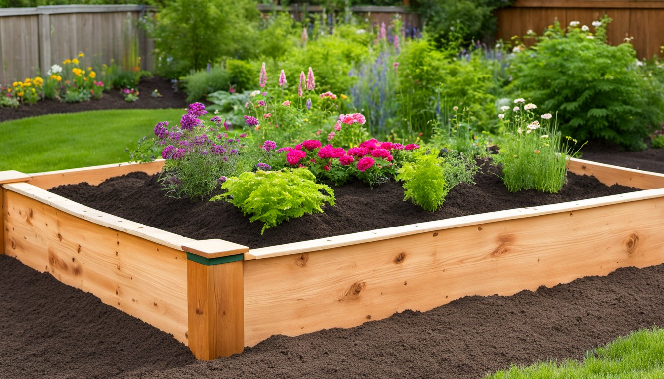 Generated illustration: raised garden bed with flowering plants