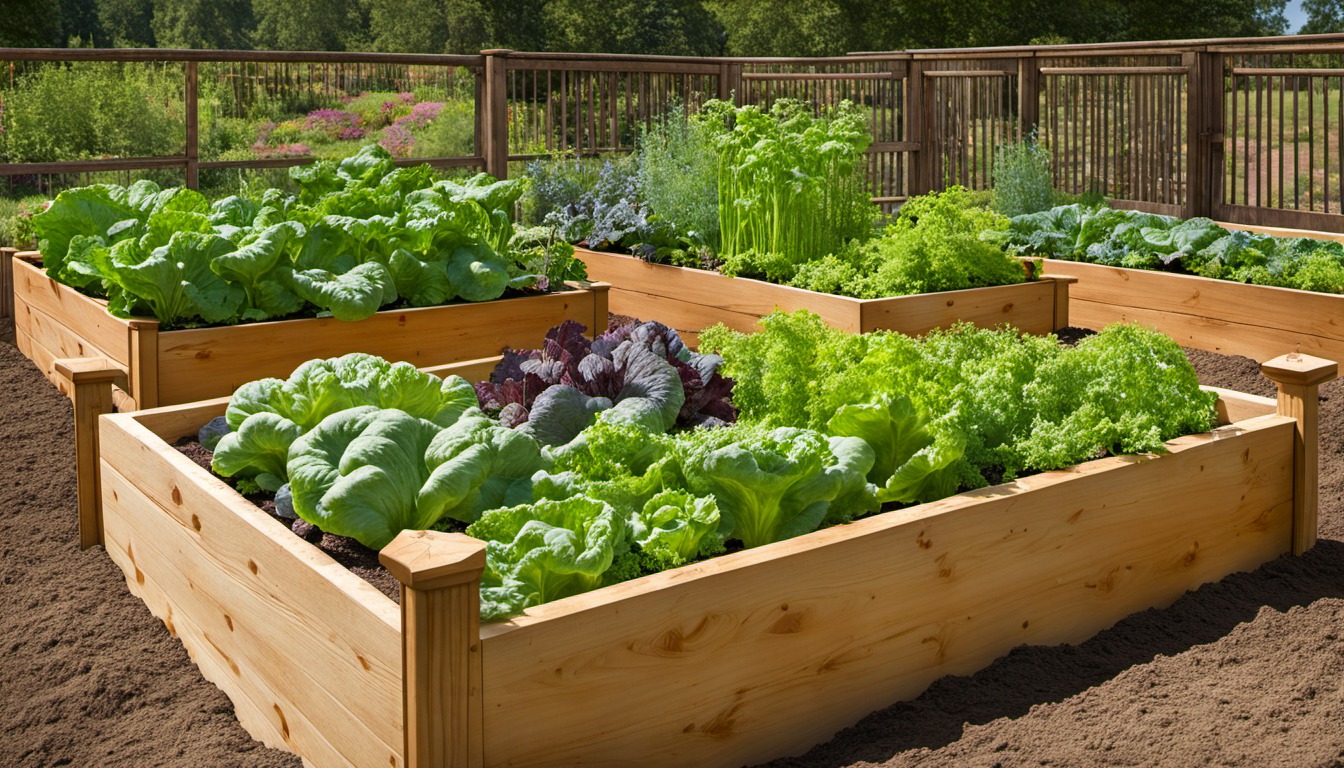 Generated illustration: mixed leafy crops in a raised vegetable bed