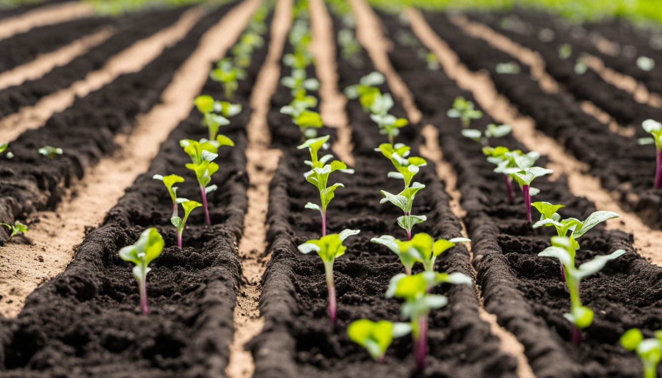 Generated illustration: young seedlings in garden rows
