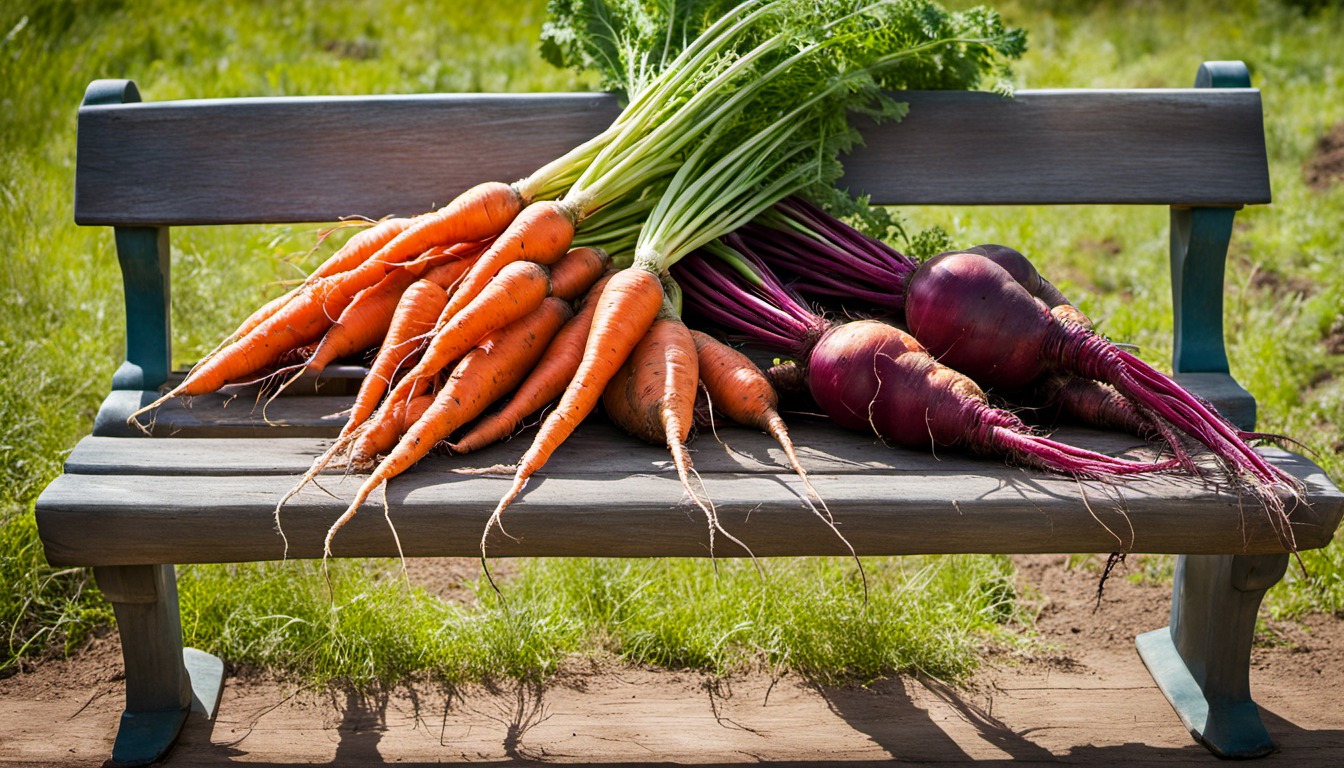 Generated illustration: freshly harvested carrots and beets on a garden bench