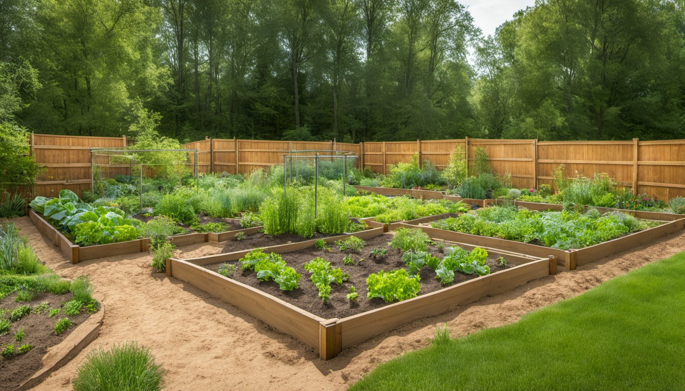 Generated illustration: raised beds in a garden