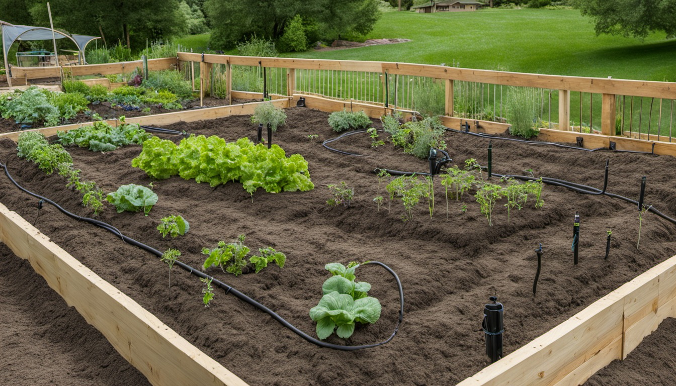 Generated illustration: vegetable bed with irrigation lines
