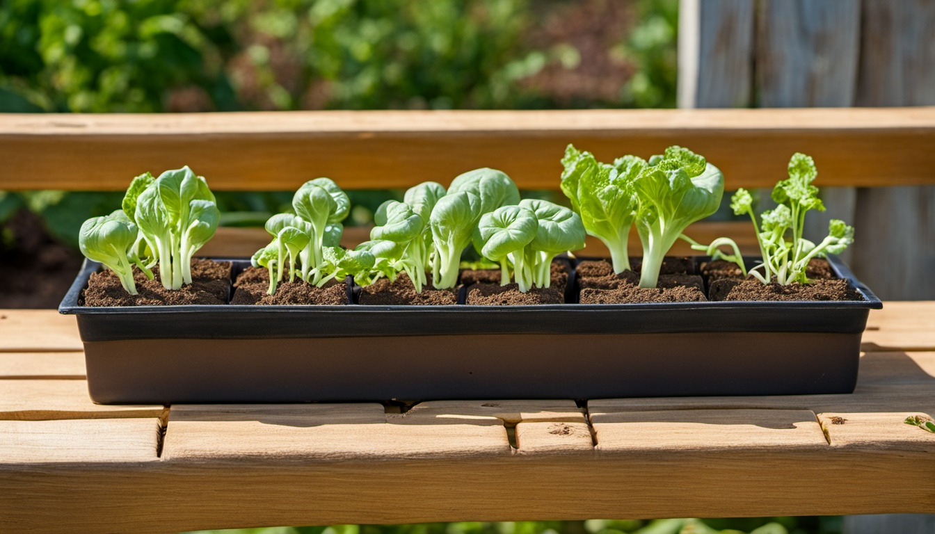 Generated illustration: small vegetable transplants on a wooden garden bench