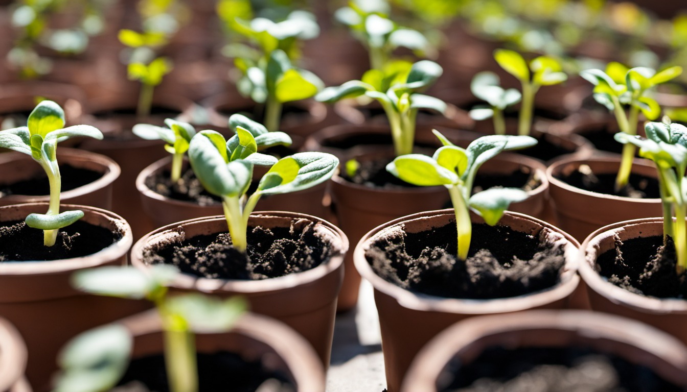 Generated illustration: young seedlings growing in individual pots