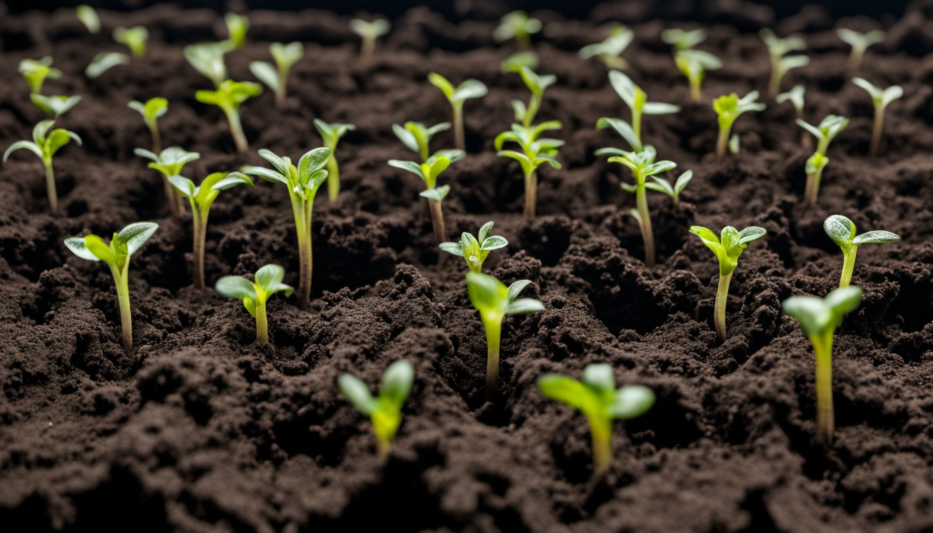 Generated illustration: seedlings emerging from dark garden soil