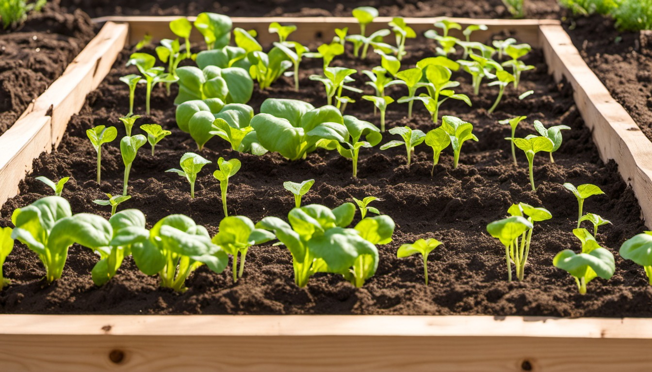 Generated illustration: young seedlings in a raised bed
