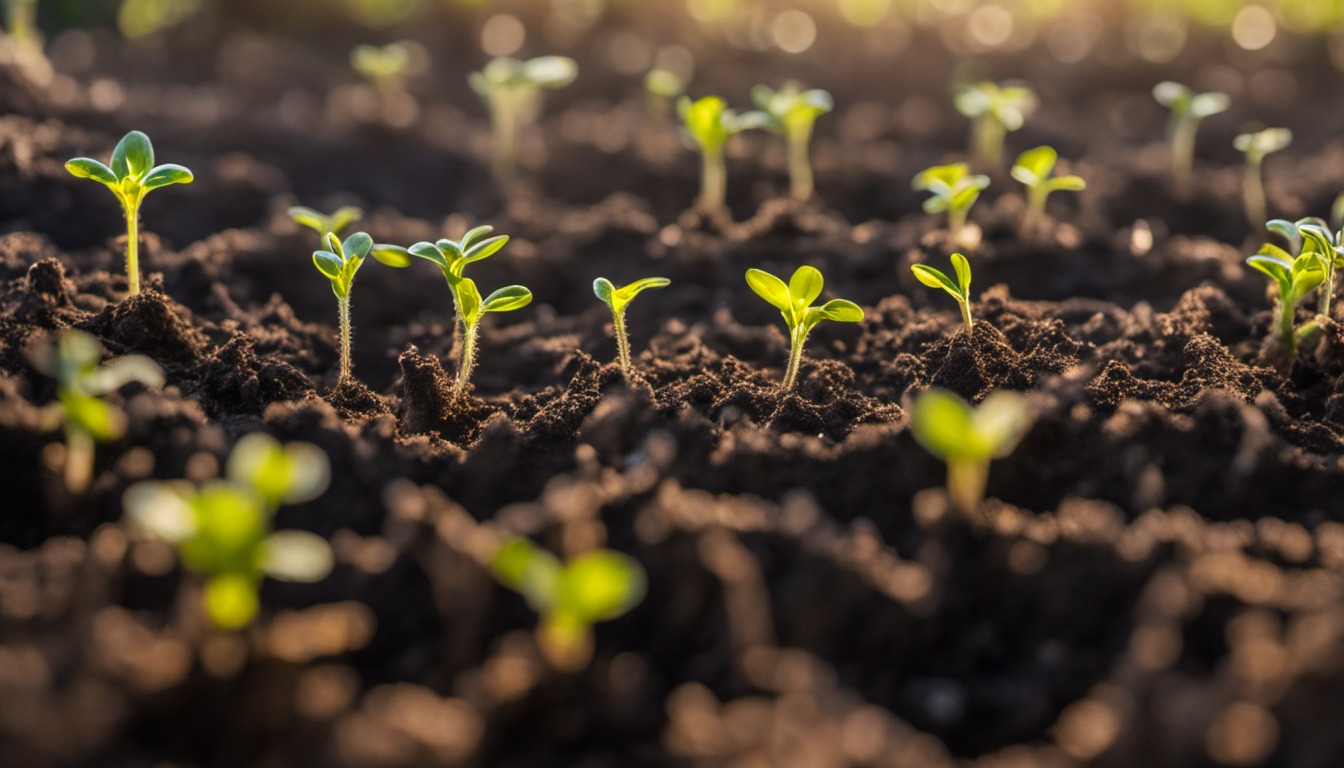Generated illustration: garden soil and small seedlings in morning light