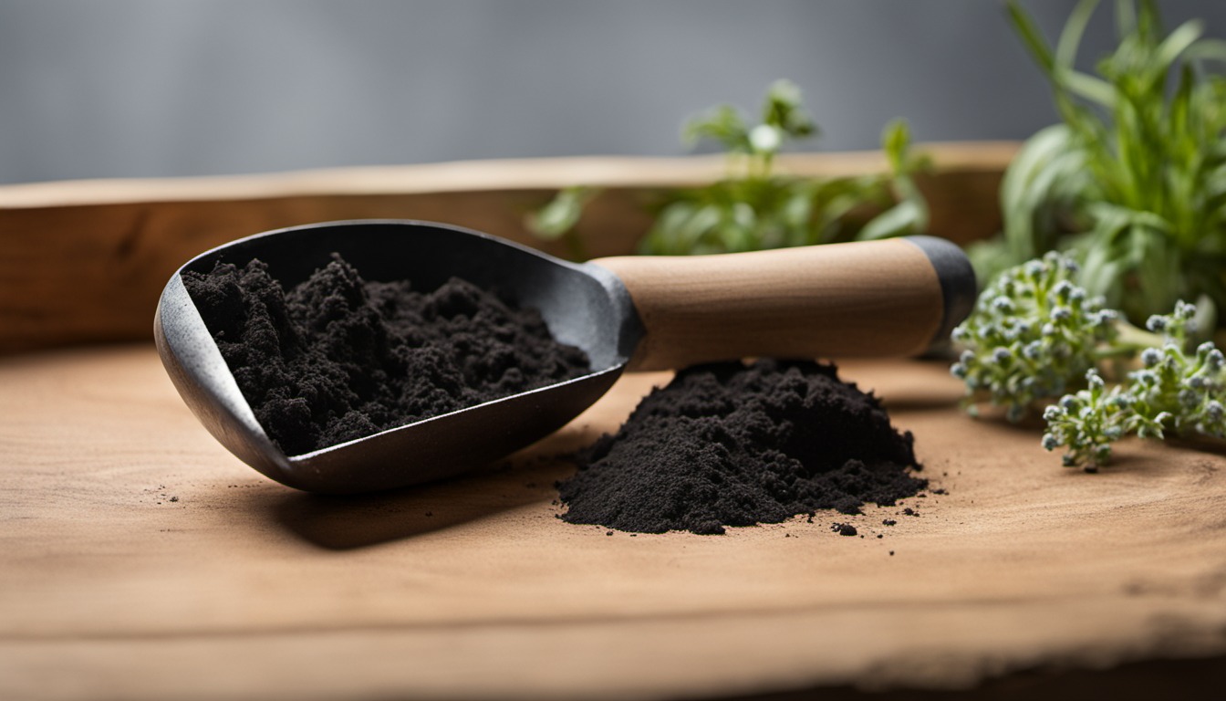 Generated illustration: a scoop of garden soil on a wooden bench