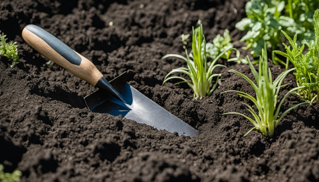 Generated illustration: garden trowel beside a bed of dark soil