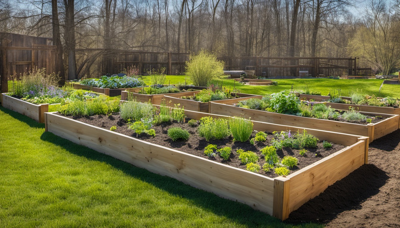 Generated illustration: raised beds with spring greens in a sunny garden
