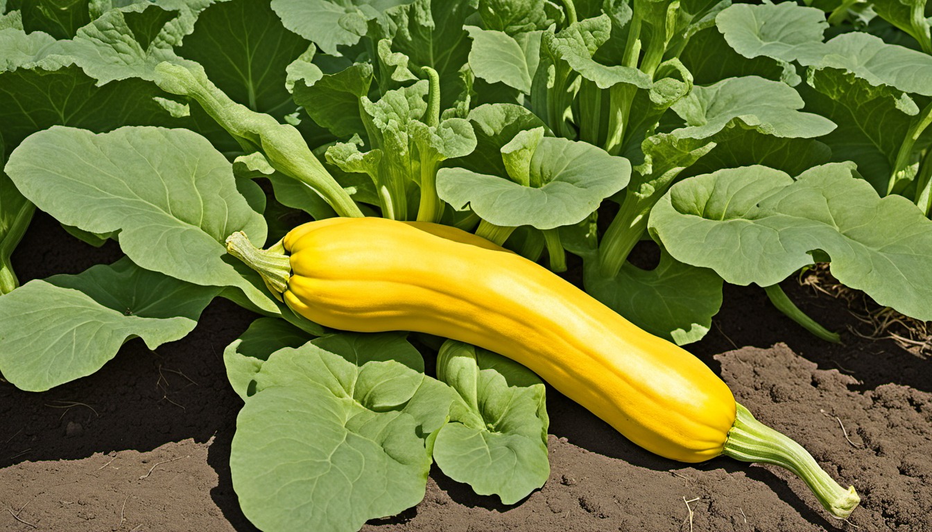 Generated illustration: yellow summer squash growing beneath broad green leaves