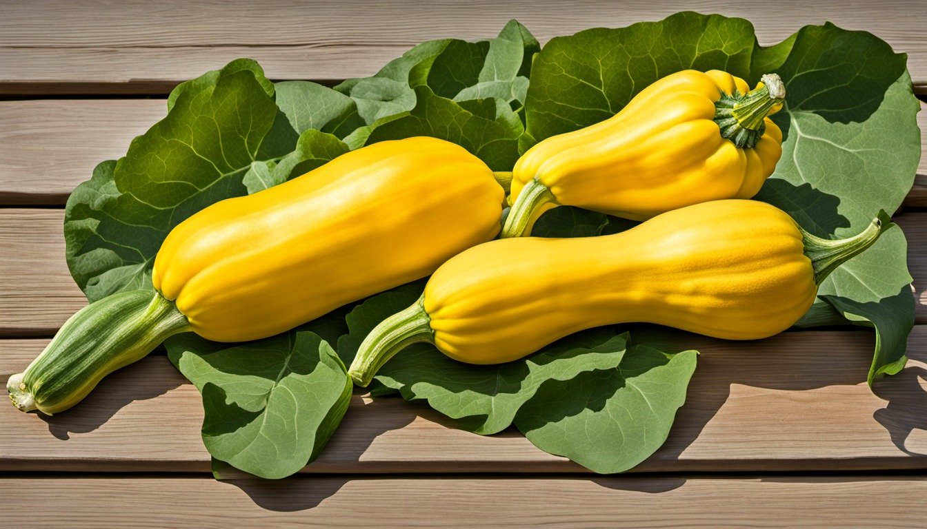 Generated illustration: yellow summer squash on a wooden bench