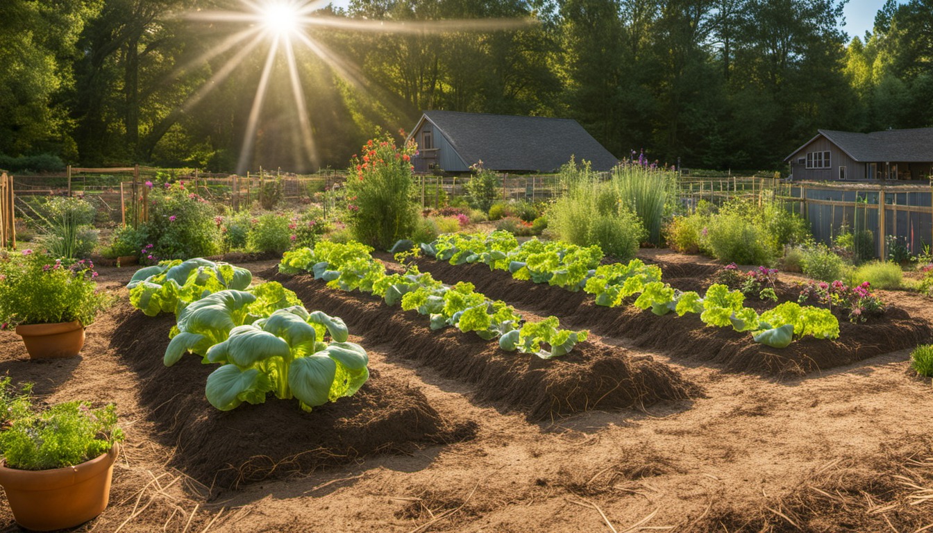 Generated illustration: sunlit vegetable garden with straw mulch
