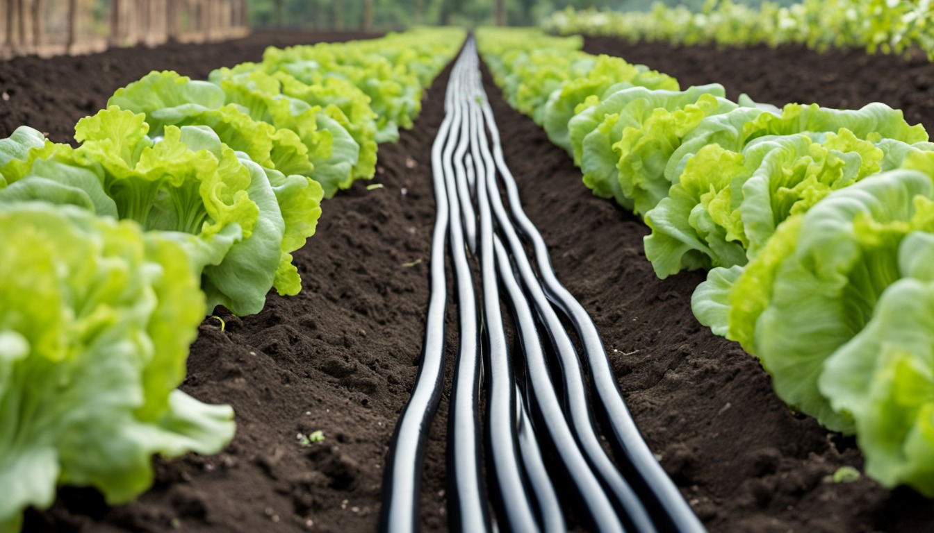 Generated illustration: irrigation tubing between rows of lettuce