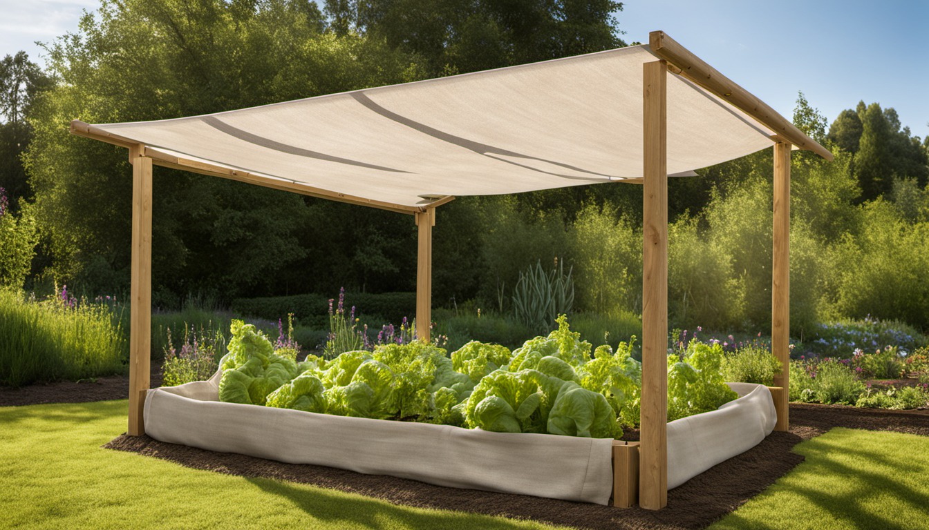 Generated illustration: shade cloth above a raised vegetable bed