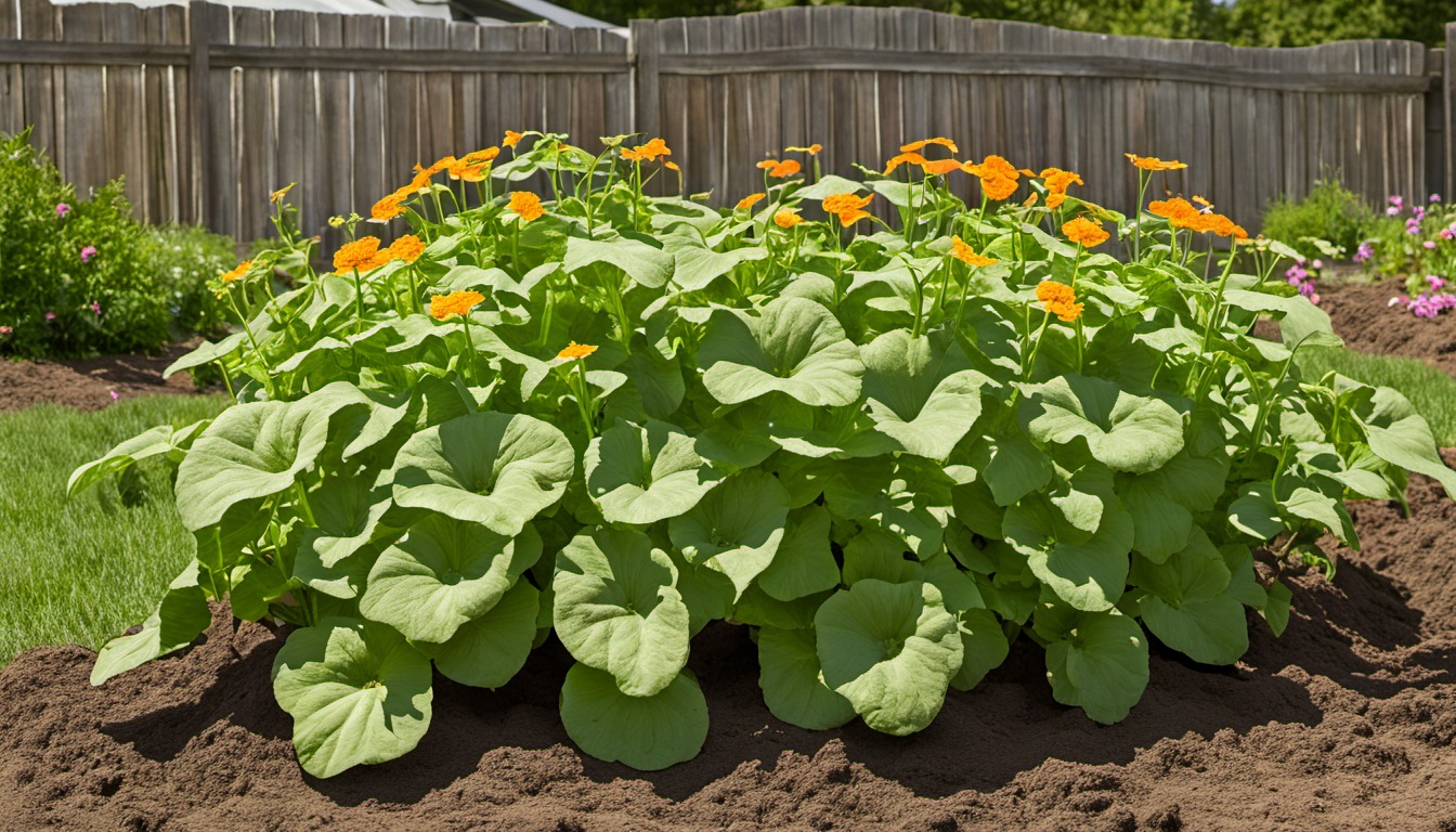 Generated illustration: leafy plants and flowers in a garden bed