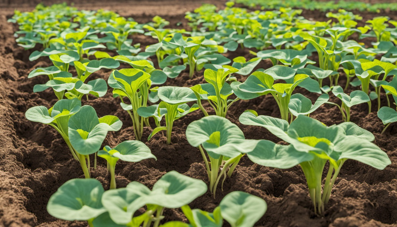 Generated illustration: young leafy plants growing in rows