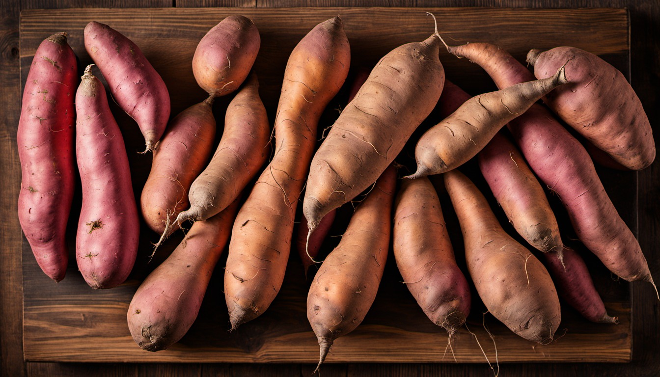 Generated illustration: harvested sweet potatoes on a wooden table