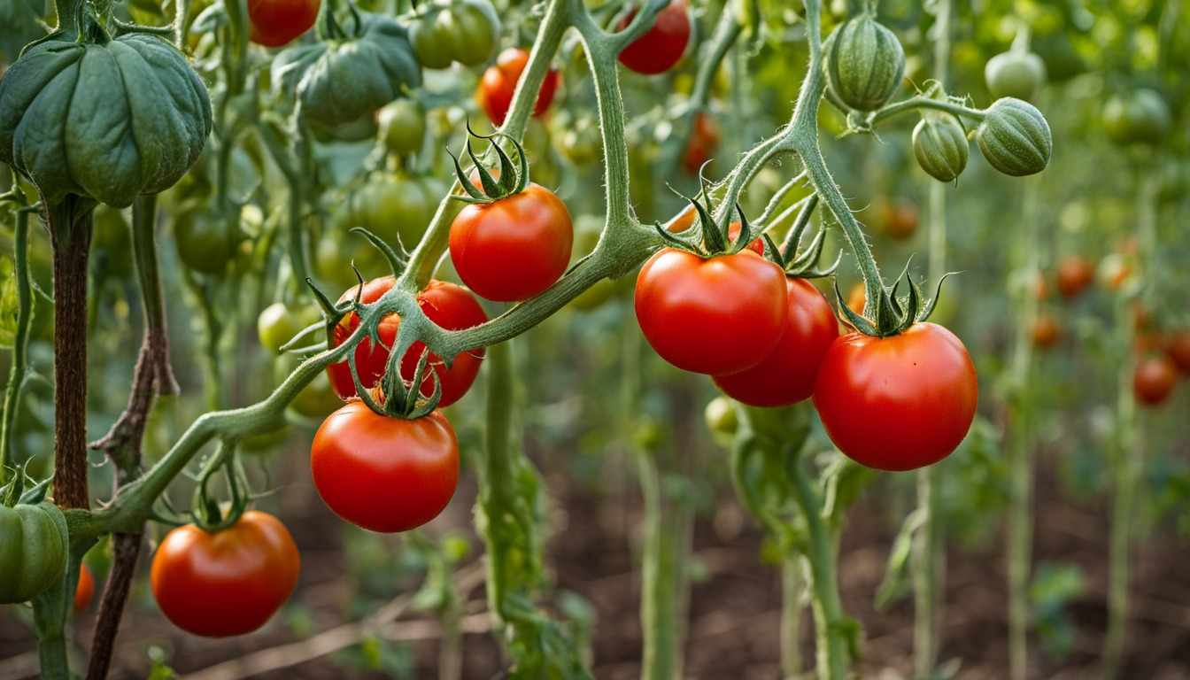 Generated illustration: ripe red tomatoes growing on staked vines