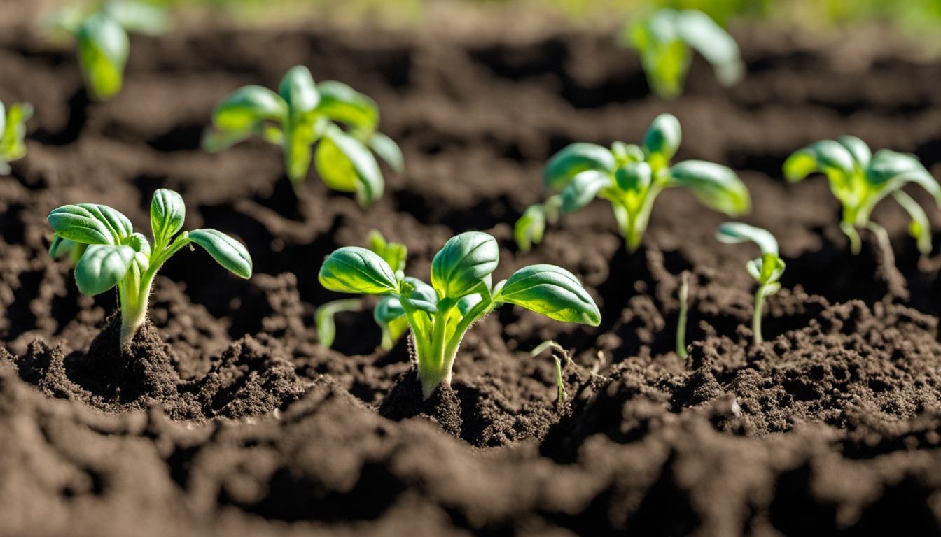 Generated illustration: young seedlings growing in garden soil