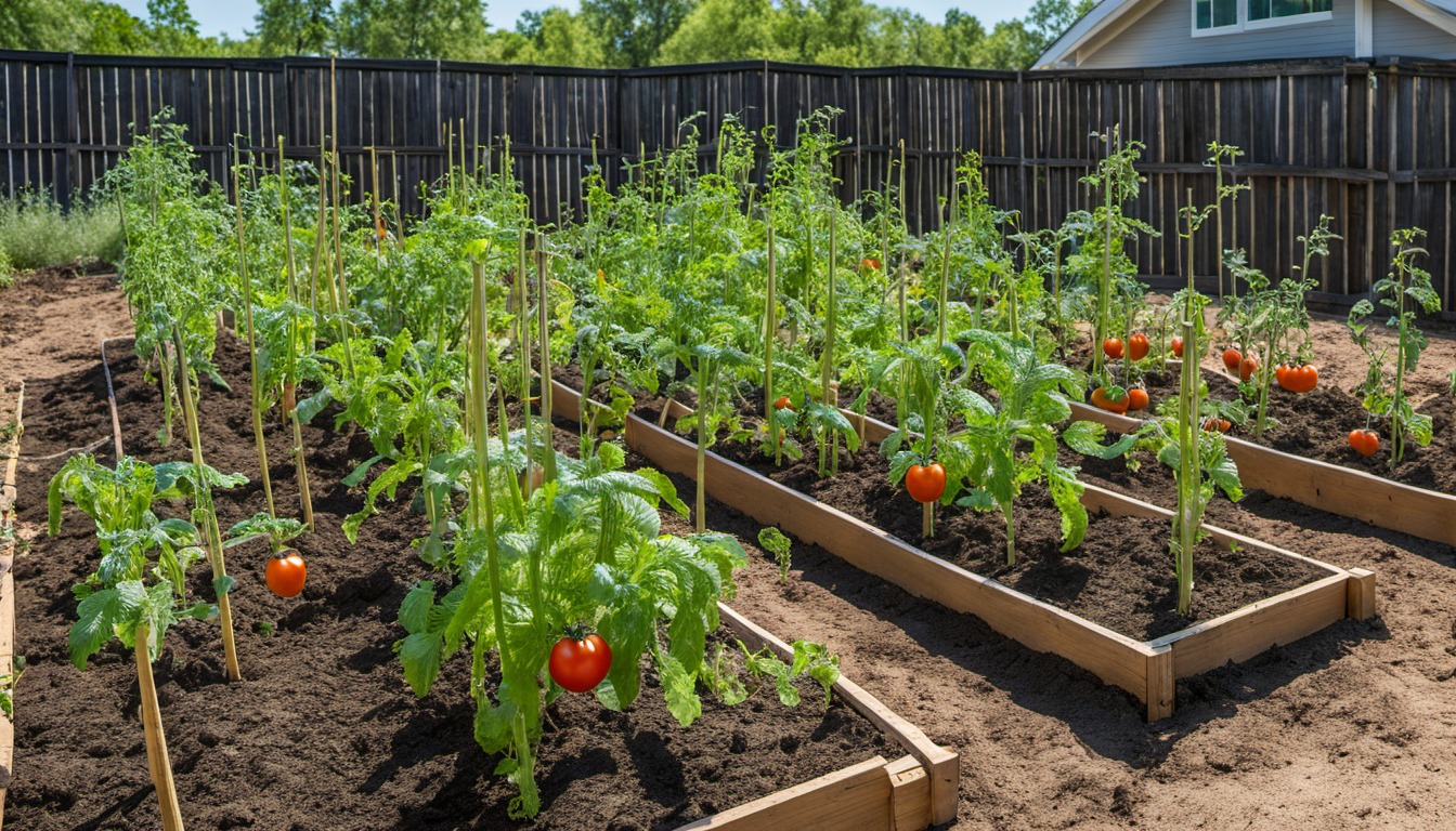 Generated illustration: tomato plants supported by stakes in a mulched garden