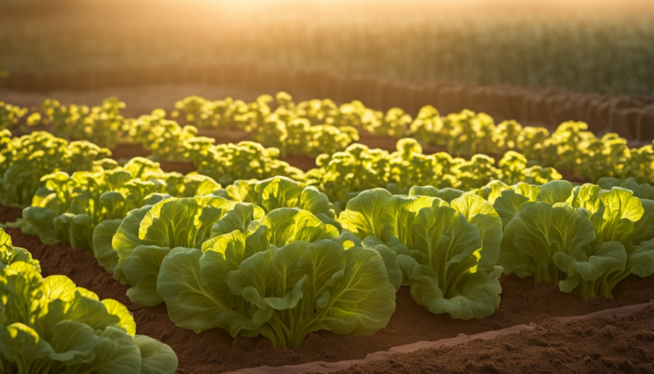 Rows of leafy greens filling a garden bed in low evening sun