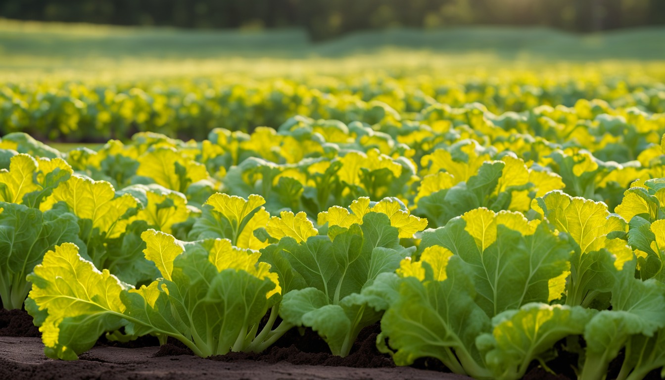 Dense rows of young leafy greens glowing in low morning sunlight