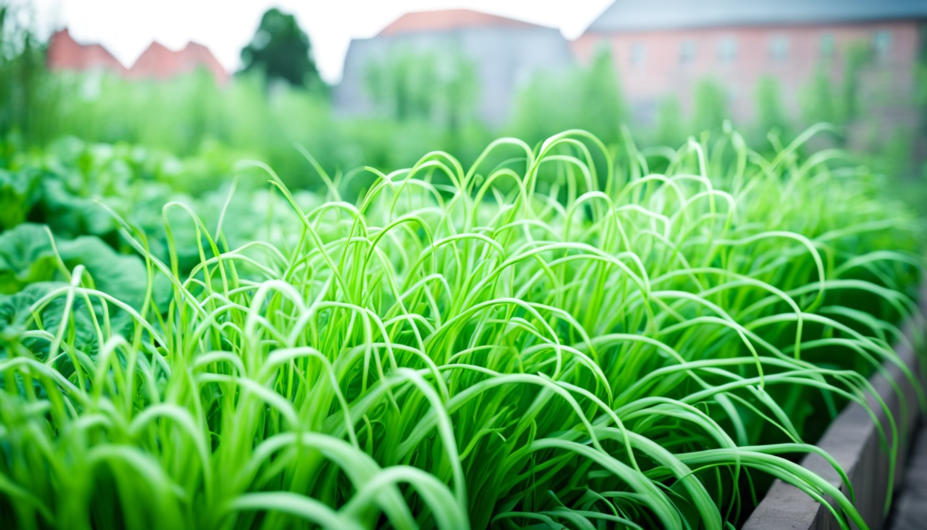 Tall green chive-like blades in a raised garden bed with blurred brick buildings behind