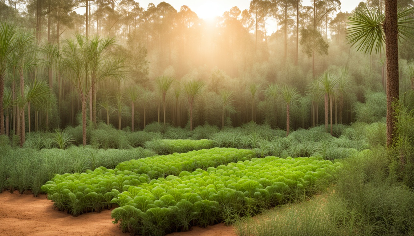 A green vegetable planting in sandy soil among pines and palms at sunrise