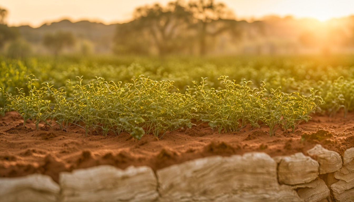 Young greens in low rows of red soil behind a limestone wall at sunset