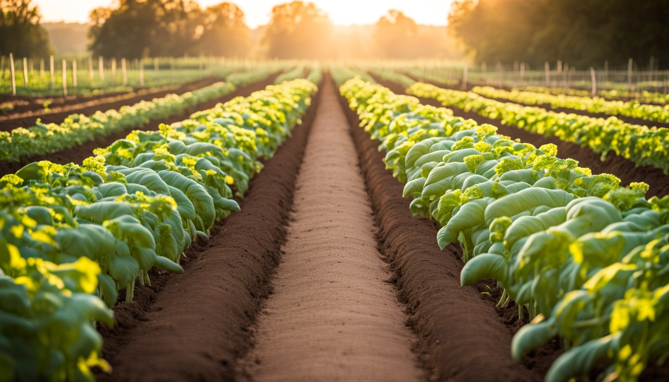 Furrowed rows of young leafy plants in dark soil at sunrise