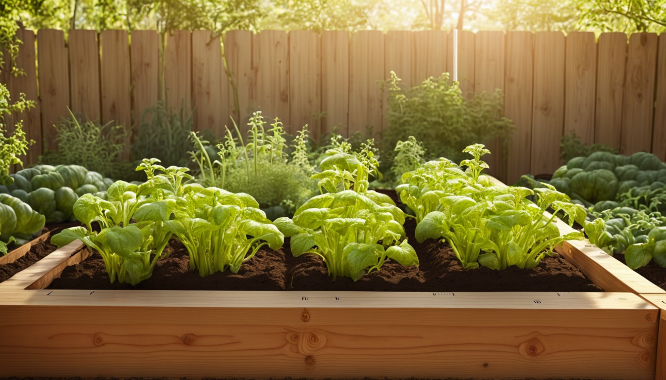 Raised vegetable bed with young greens in morning light