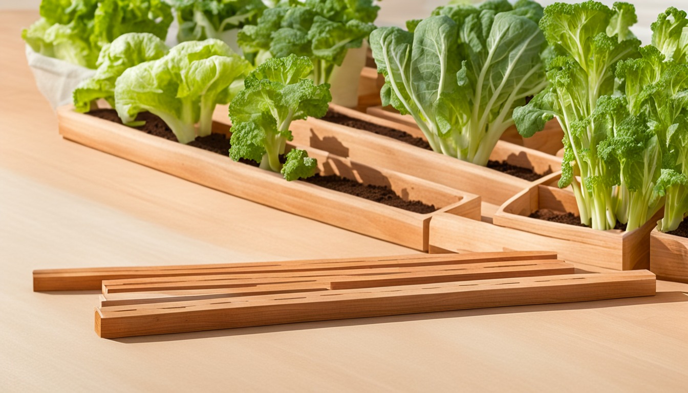 Raised garden beds with leafy greens in morning light