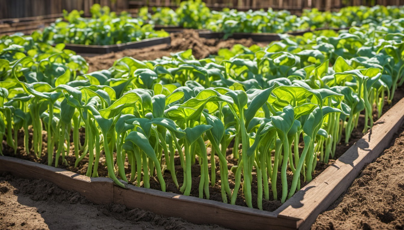 Generated illustration: green bean plants growing in a mulched raised bed
