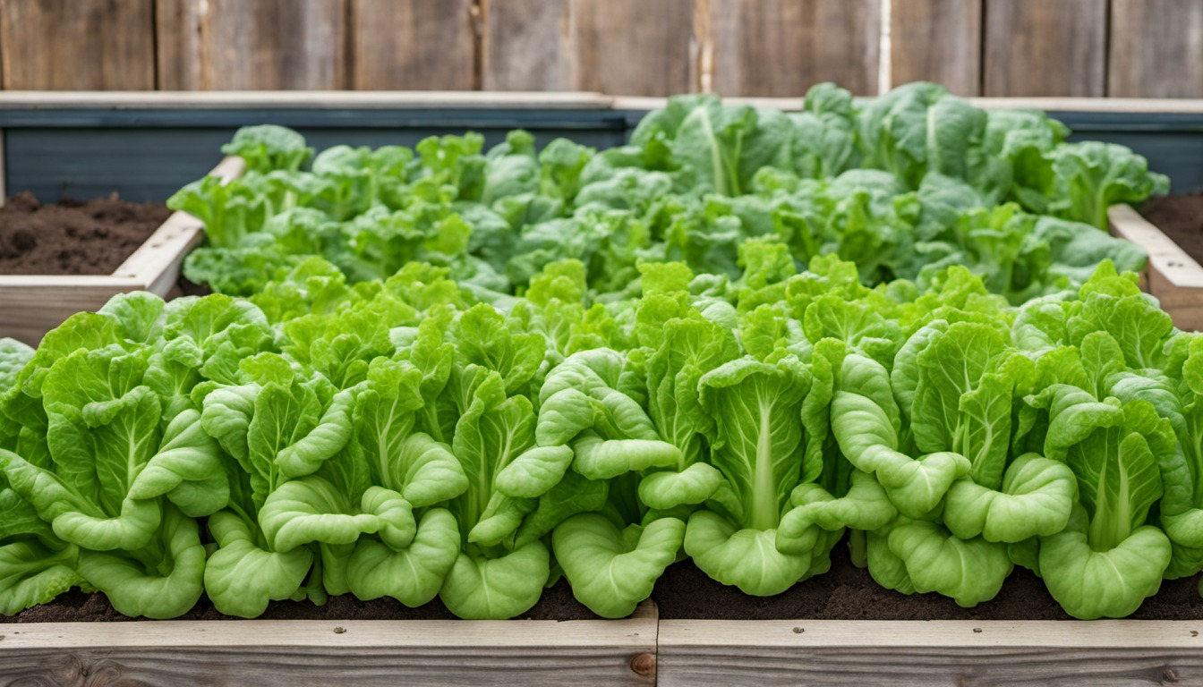 Generated illustration: leafy green plants growing in a raised bed