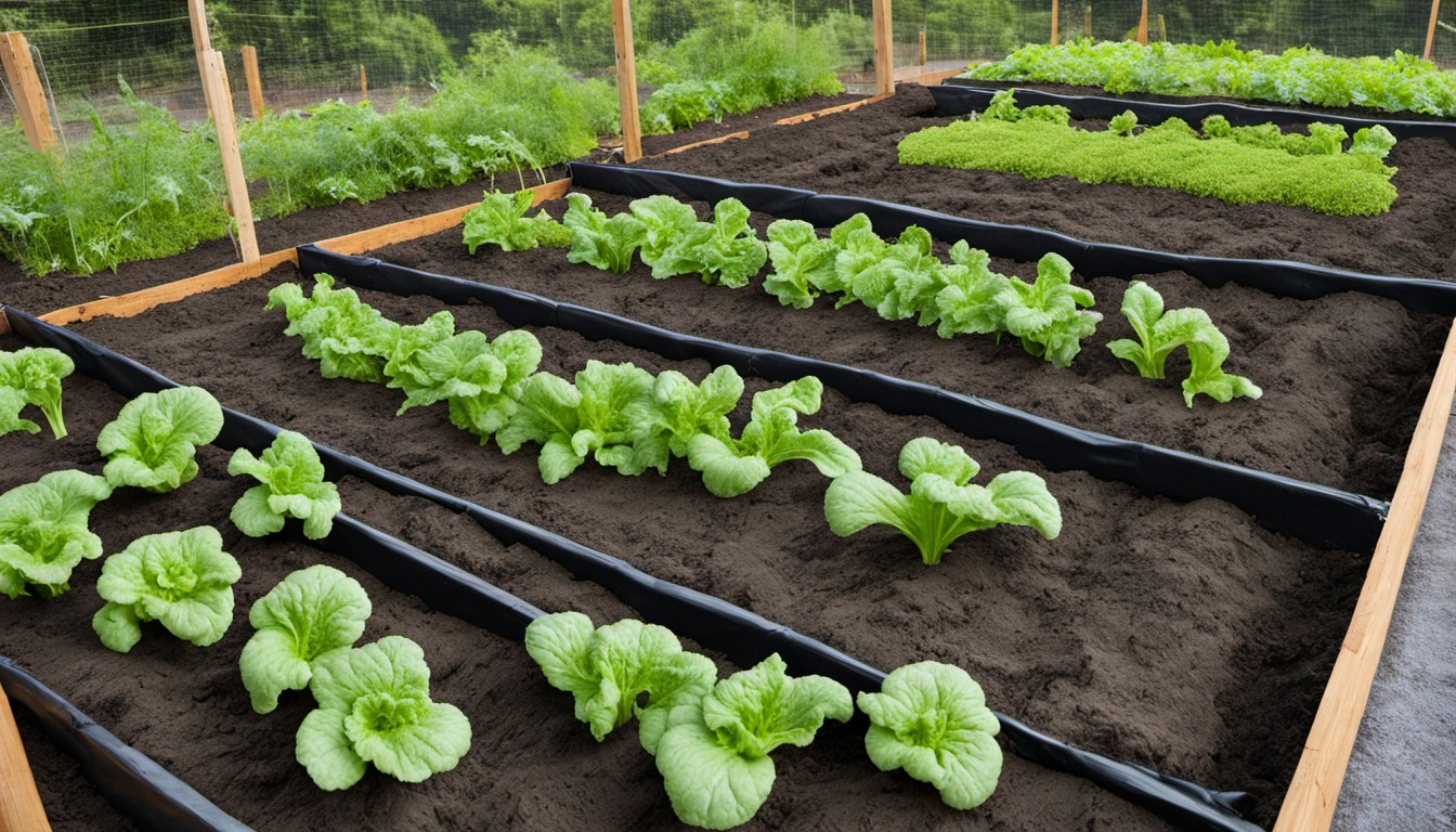 Generated illustration: young leafy vegetables growing in raised beds