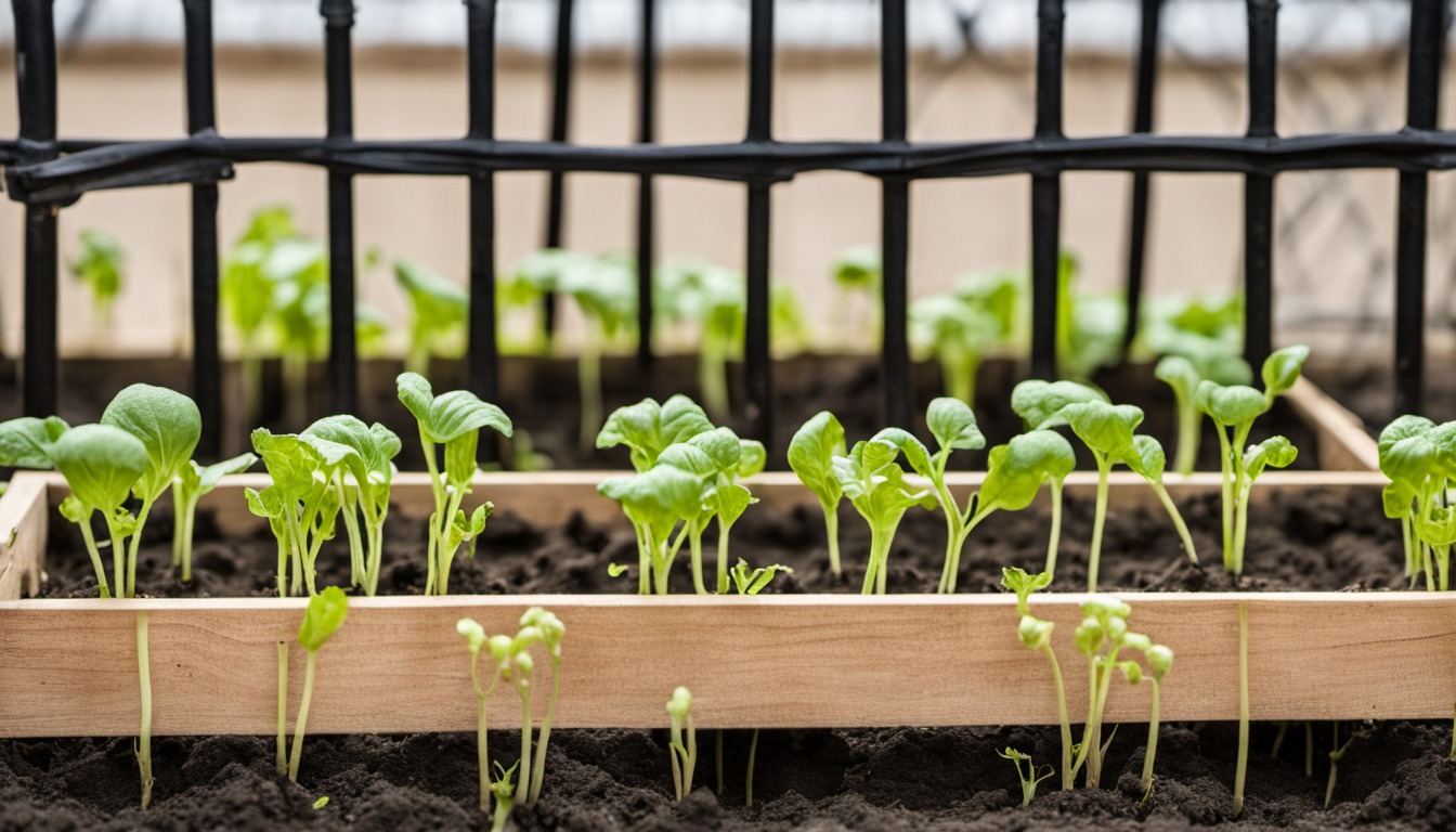 Generated illustration: young seedlings in a bed beside a trellis