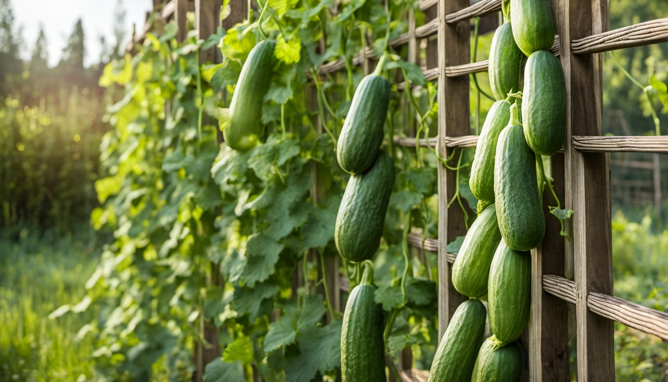 Generated illustration: cucumber vines climbing a simple garden trellis