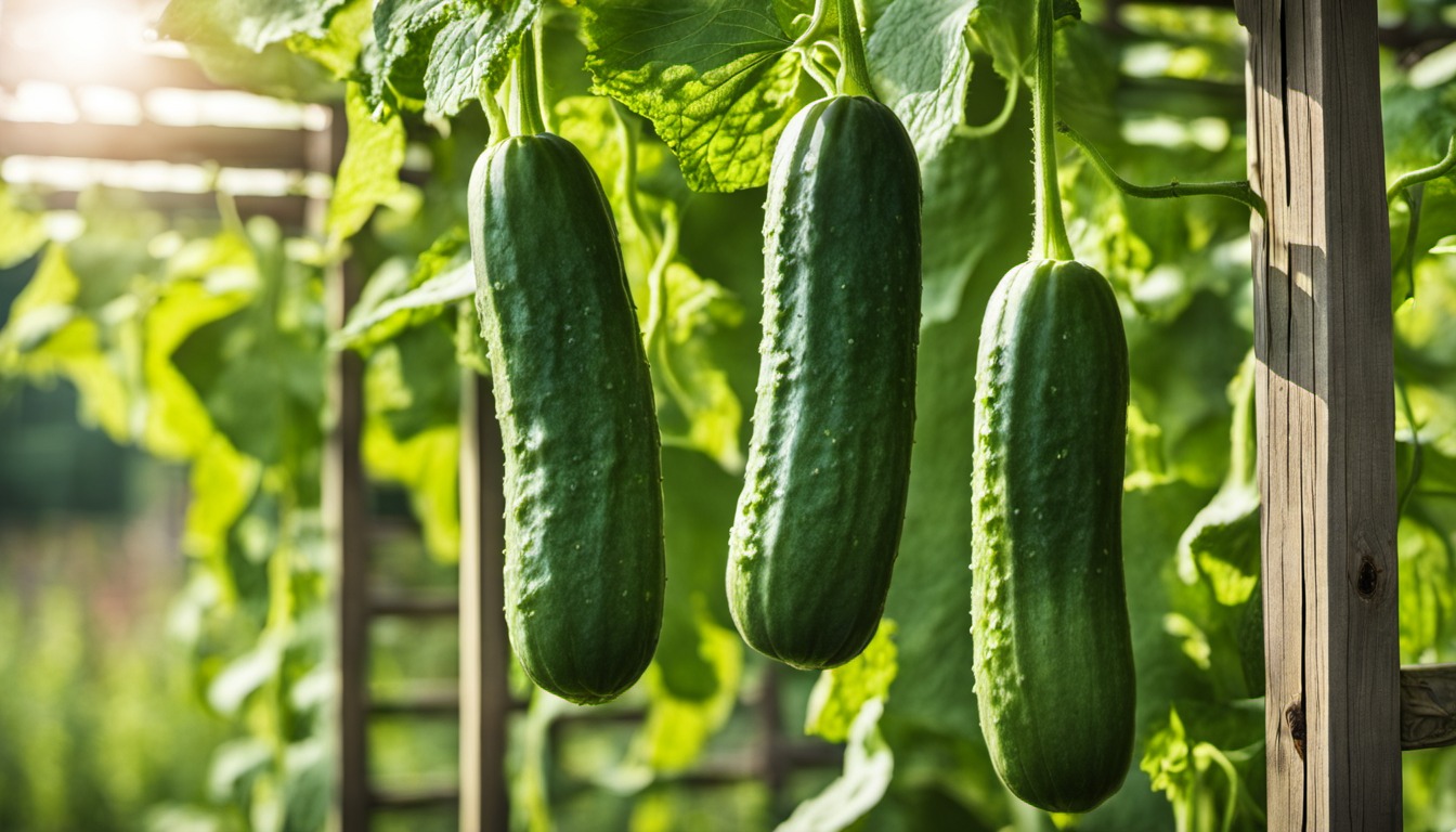Generated illustration: green cucumbers hanging among leaves on a trellis
