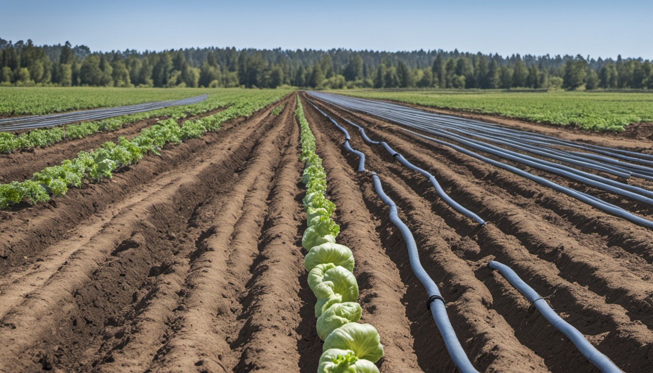 Generated illustration: drip irrigation tubing laid between vegetable rows