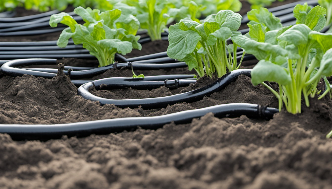 Generated illustration: irrigation tubing beside garden plants