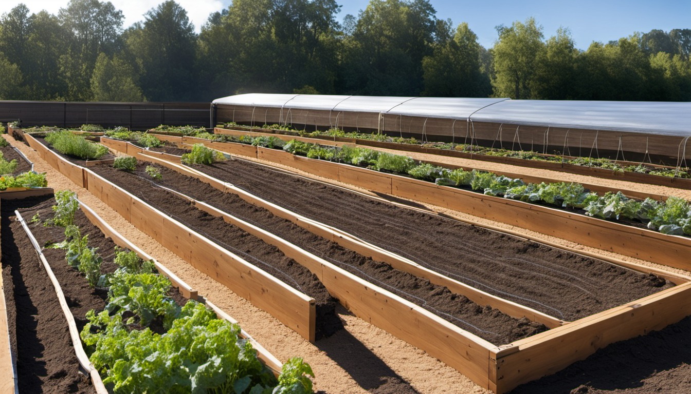 Generated illustration: raised vegetable beds in a garden