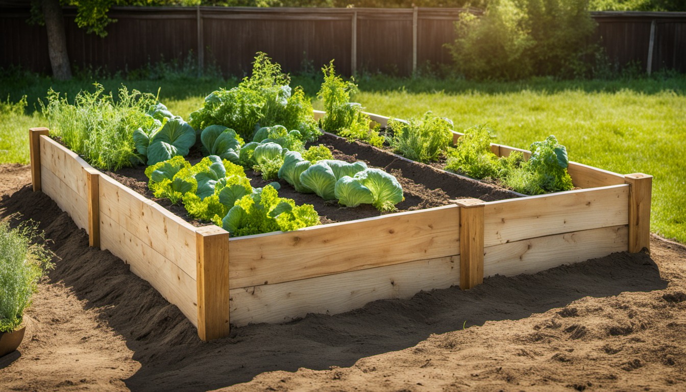 Generated illustration: a raised vegetable bed with leafy plants