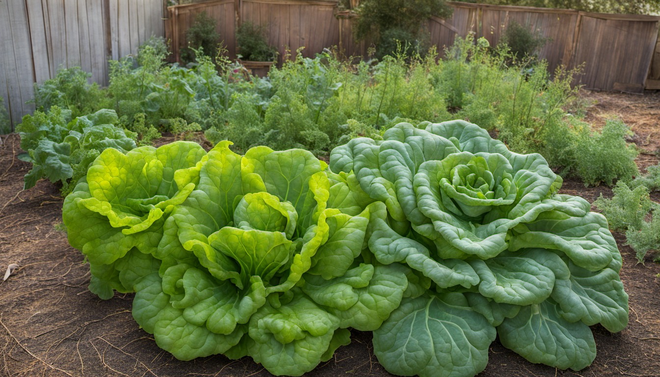 Generated illustration: mature fall greens in a Texas backyard garden