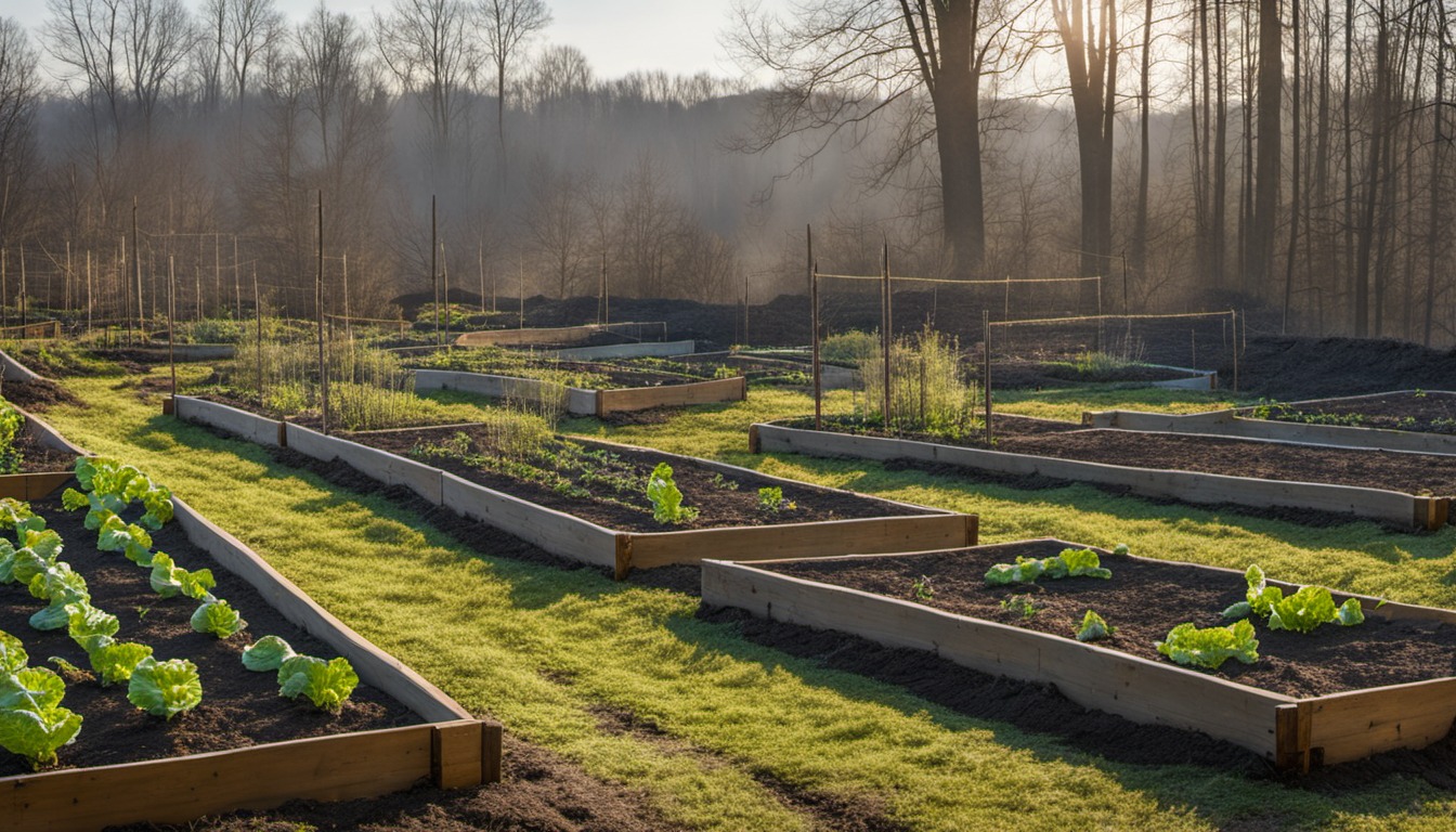 Generated illustration: vegetable garden before a cool spring morning